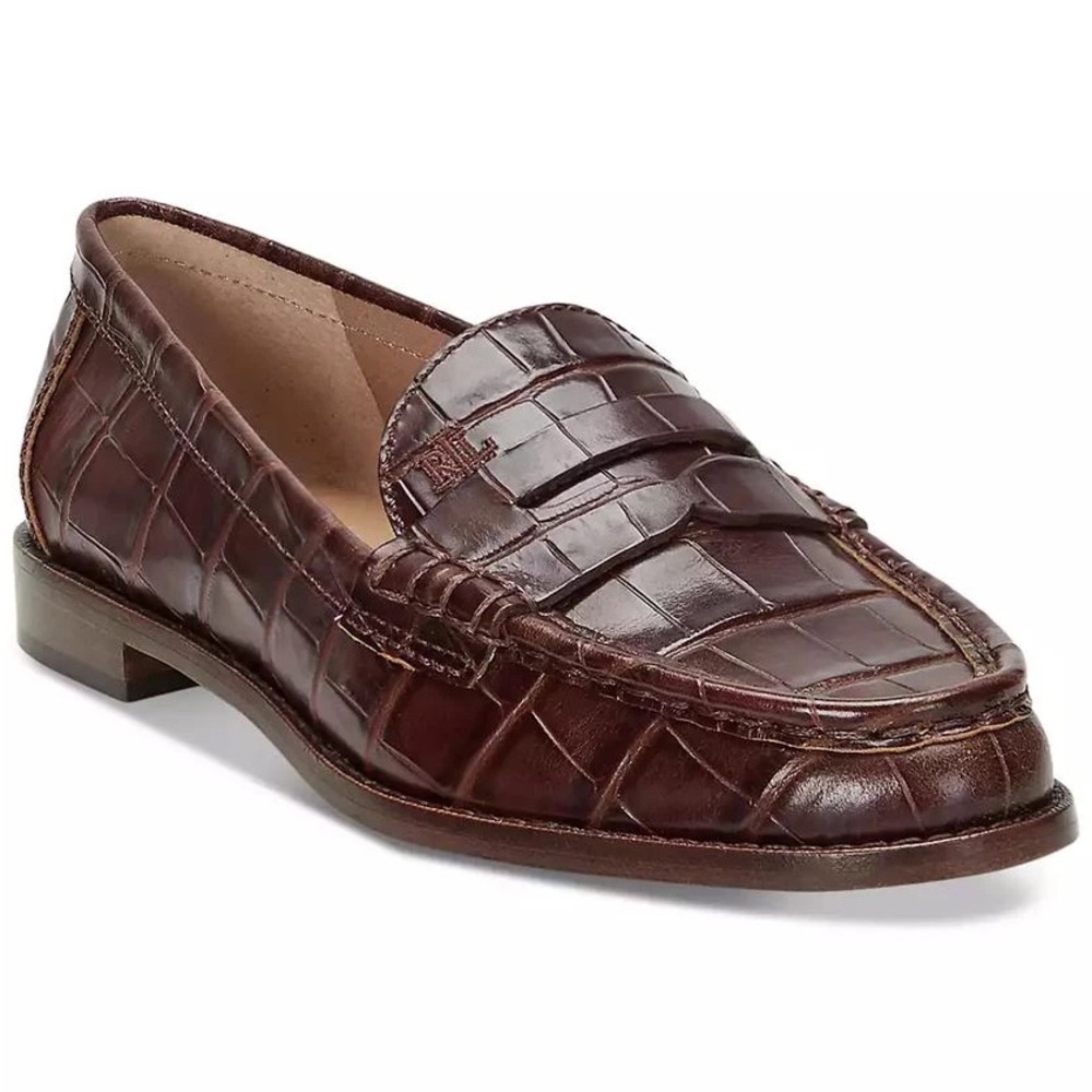 Ralph Lauren Brown Croc-Embossed Leather Penny Loafers